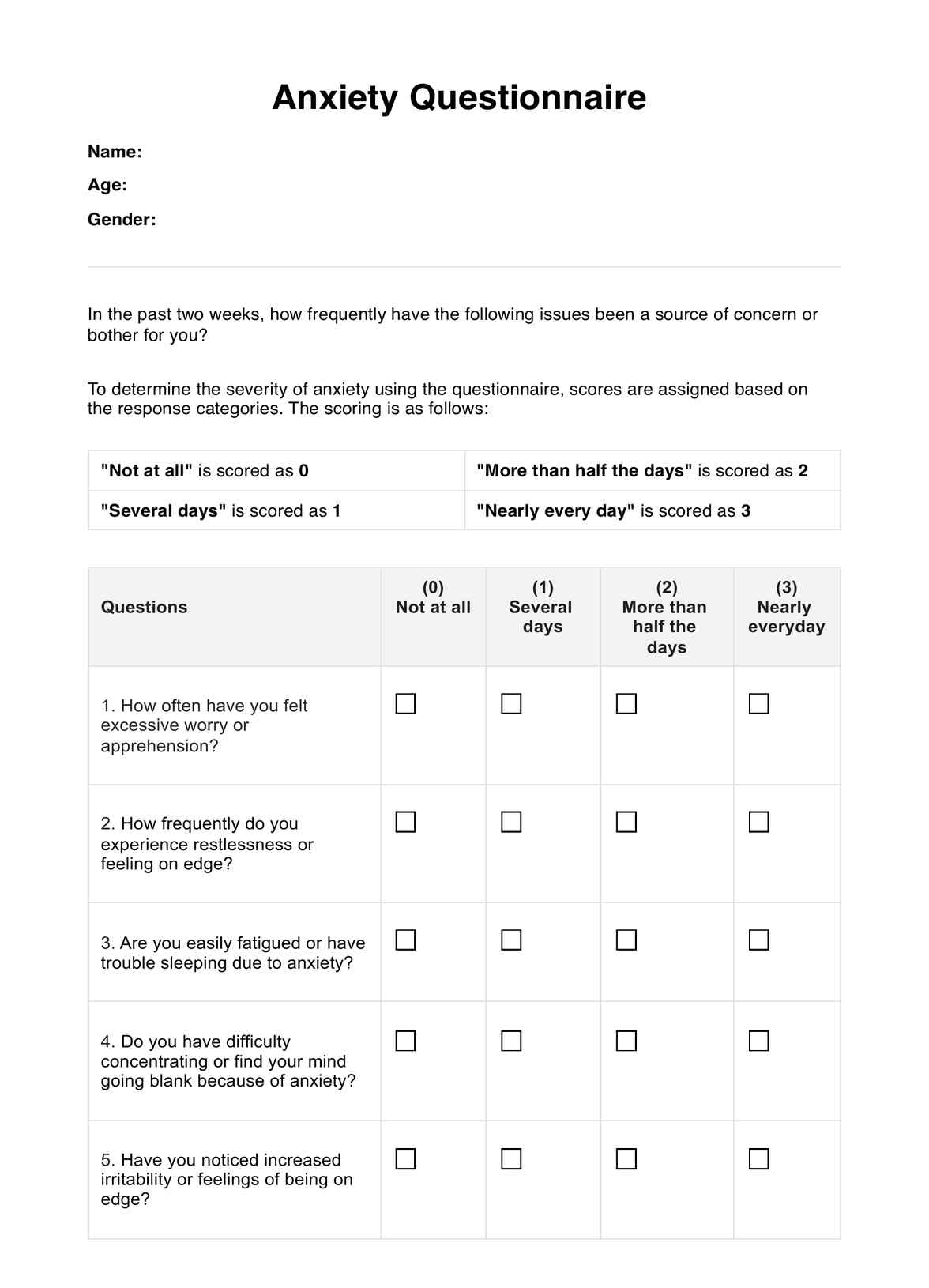 Anxiety Questionnaire
