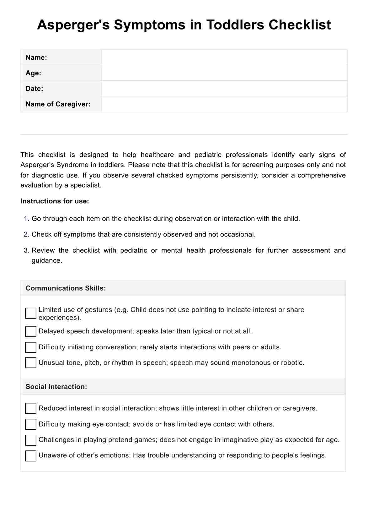 Asperger's Symptoms in Toddlers Checklist