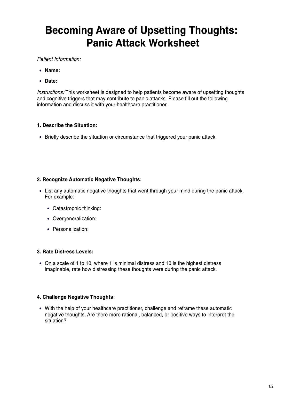 Becoming Aware of Upsetting Thoughts Panic Attack Worksheet