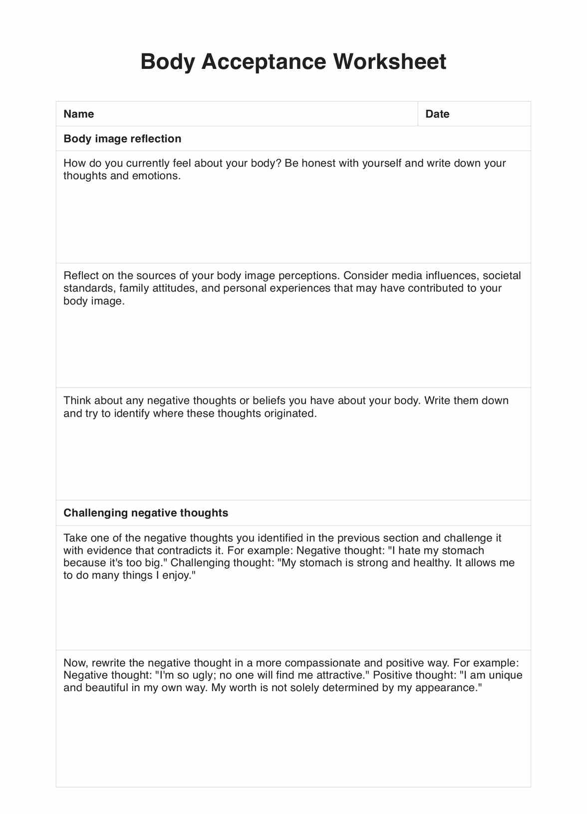 Body Acceptance Worksheets