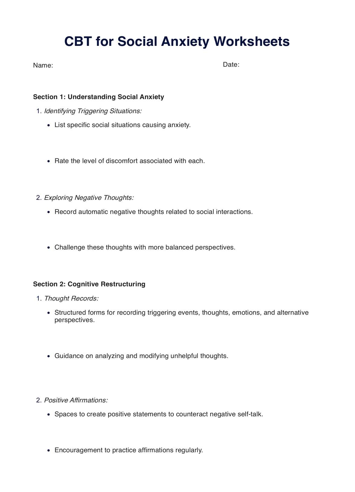 CBT for Social Anxiety Worksheets PDF