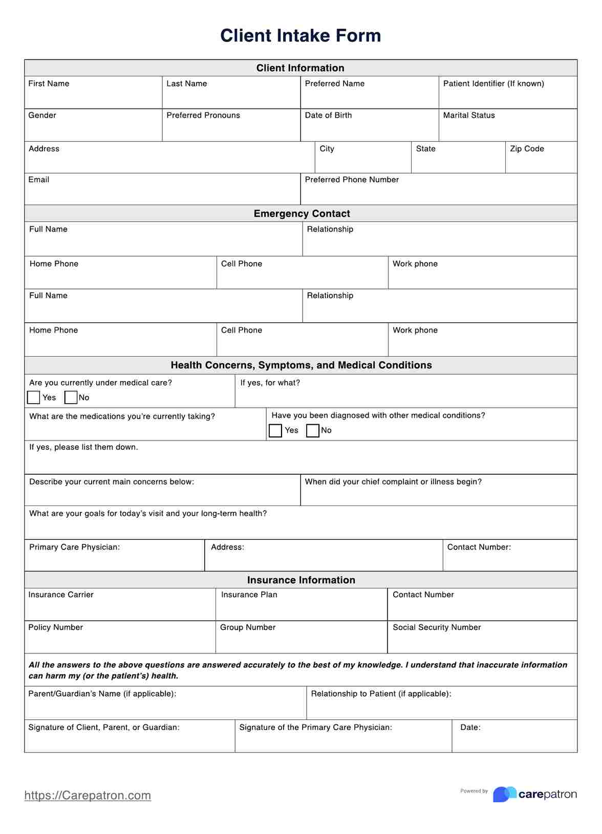 Client Intake Form Template