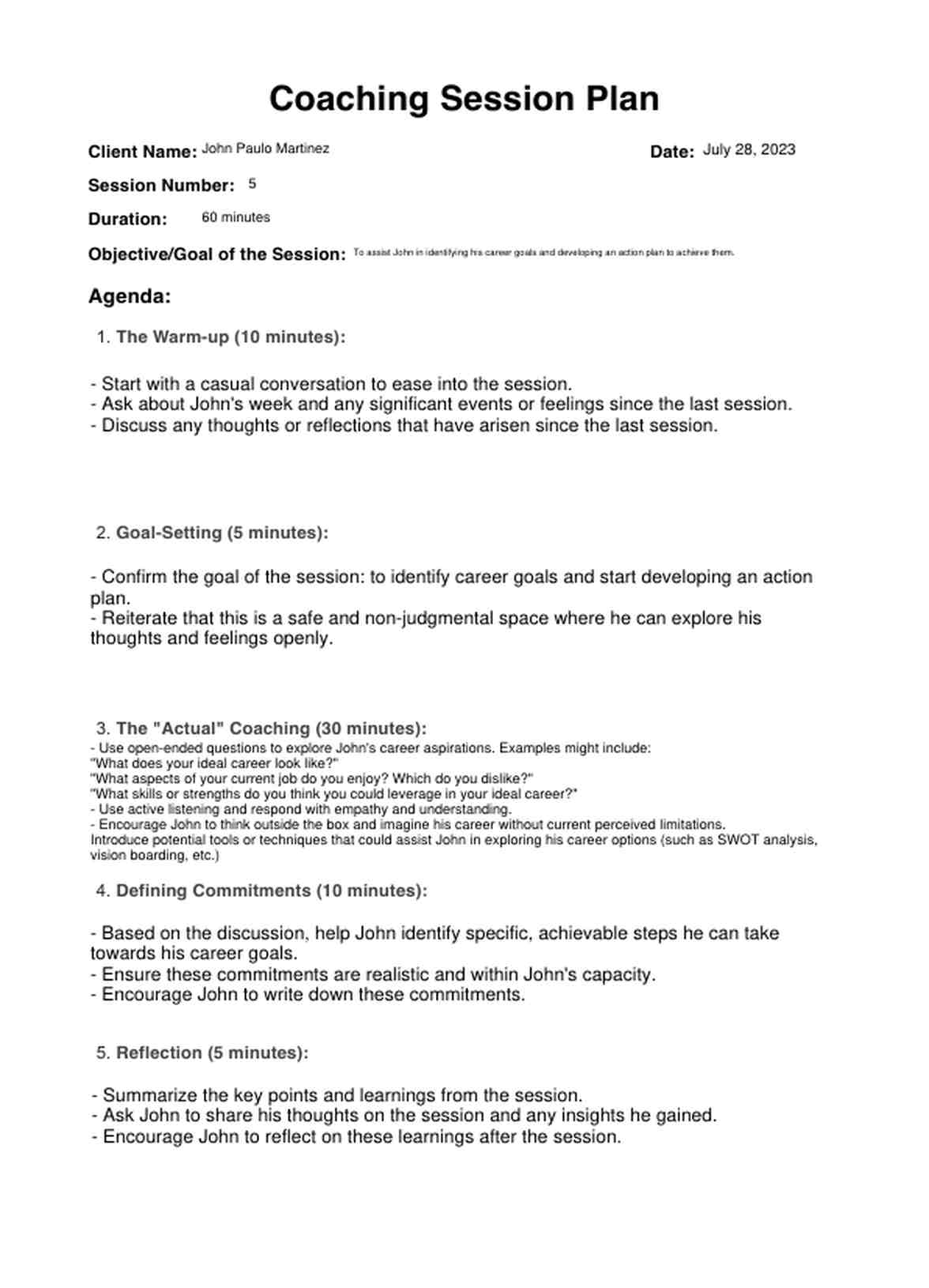 Coaching Session Plan Example Free PDF Download