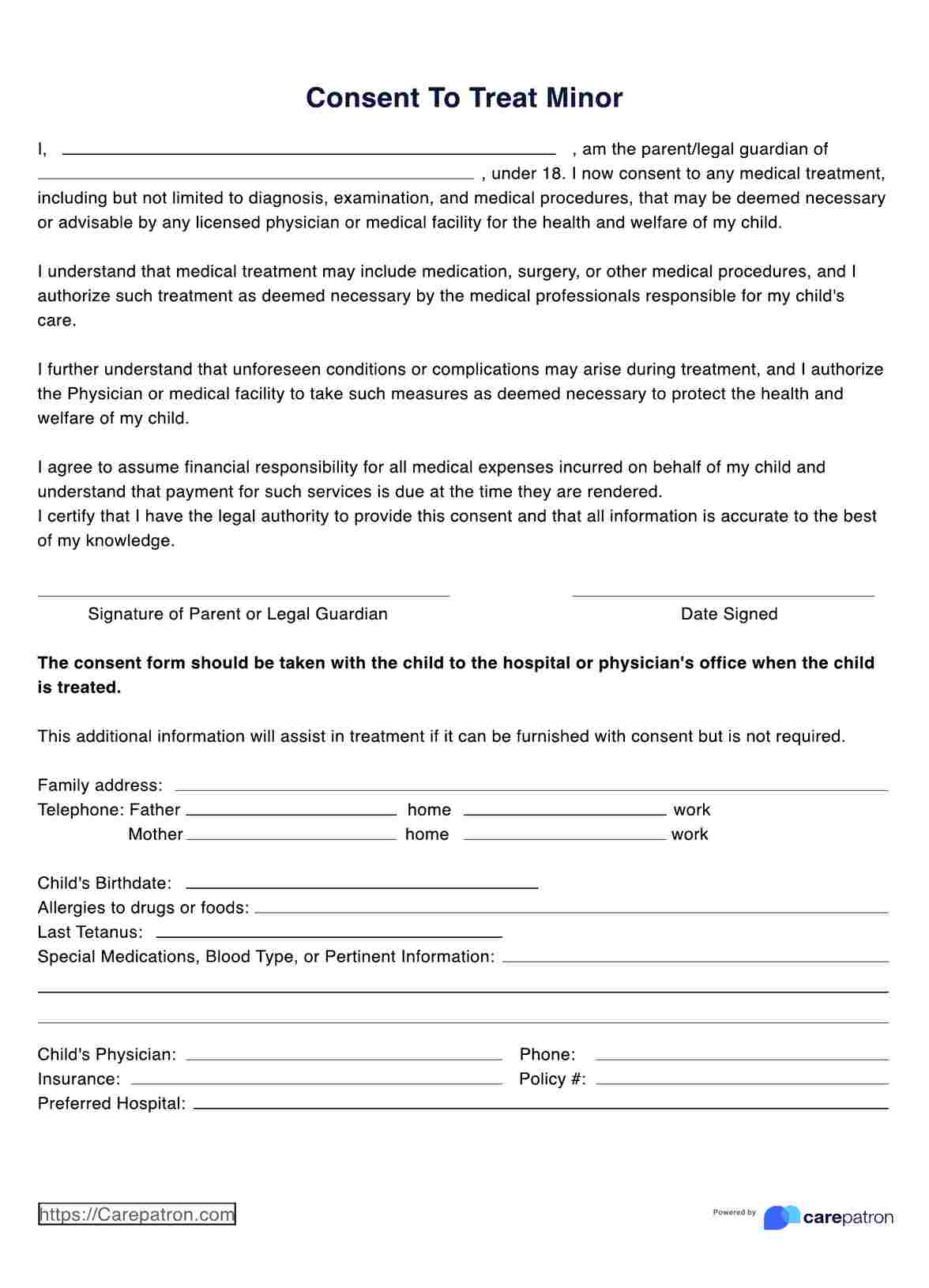 Consent to Treat Minor Form