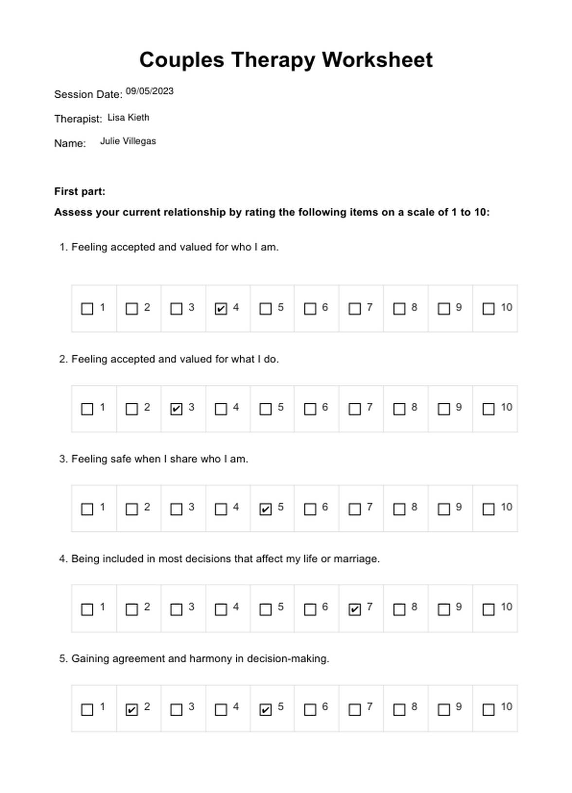 Couples Therapy Worksheet Example Free PDF Download