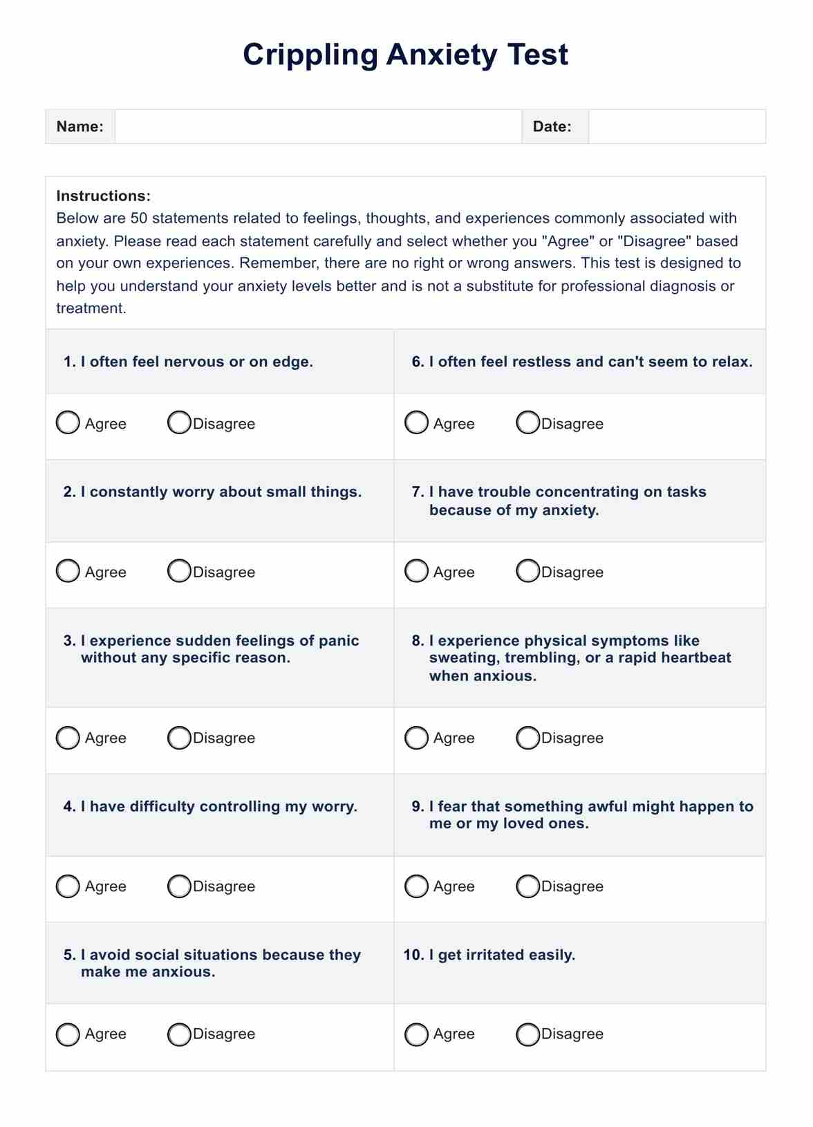Crippling Anxiety Test
