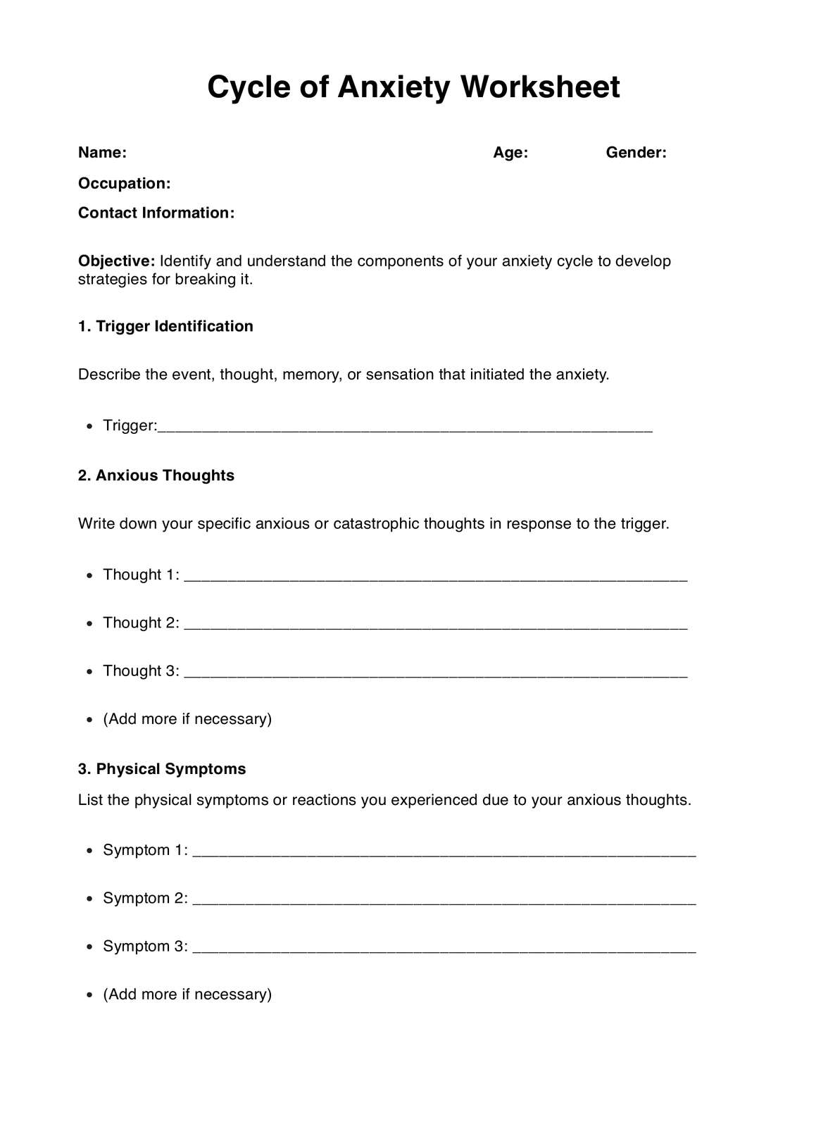Cycle Of Anxiety Worksheets