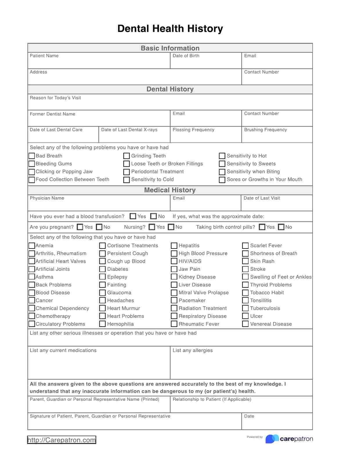Dental Health History Form