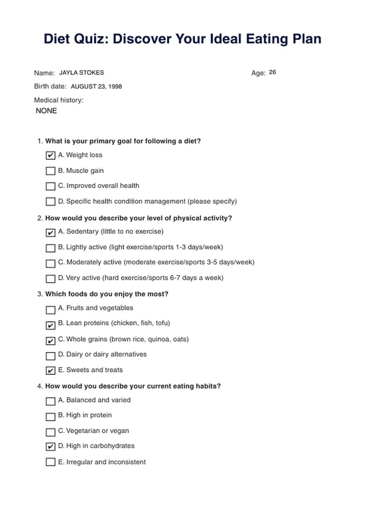 Diet Quiz Example Free PDF Download