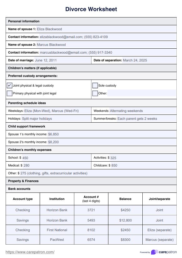 Divorce Worksheet Example Free PDF Download