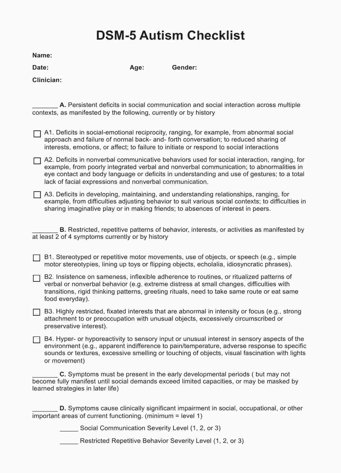 DSM 5 Autism Criteria Checklist