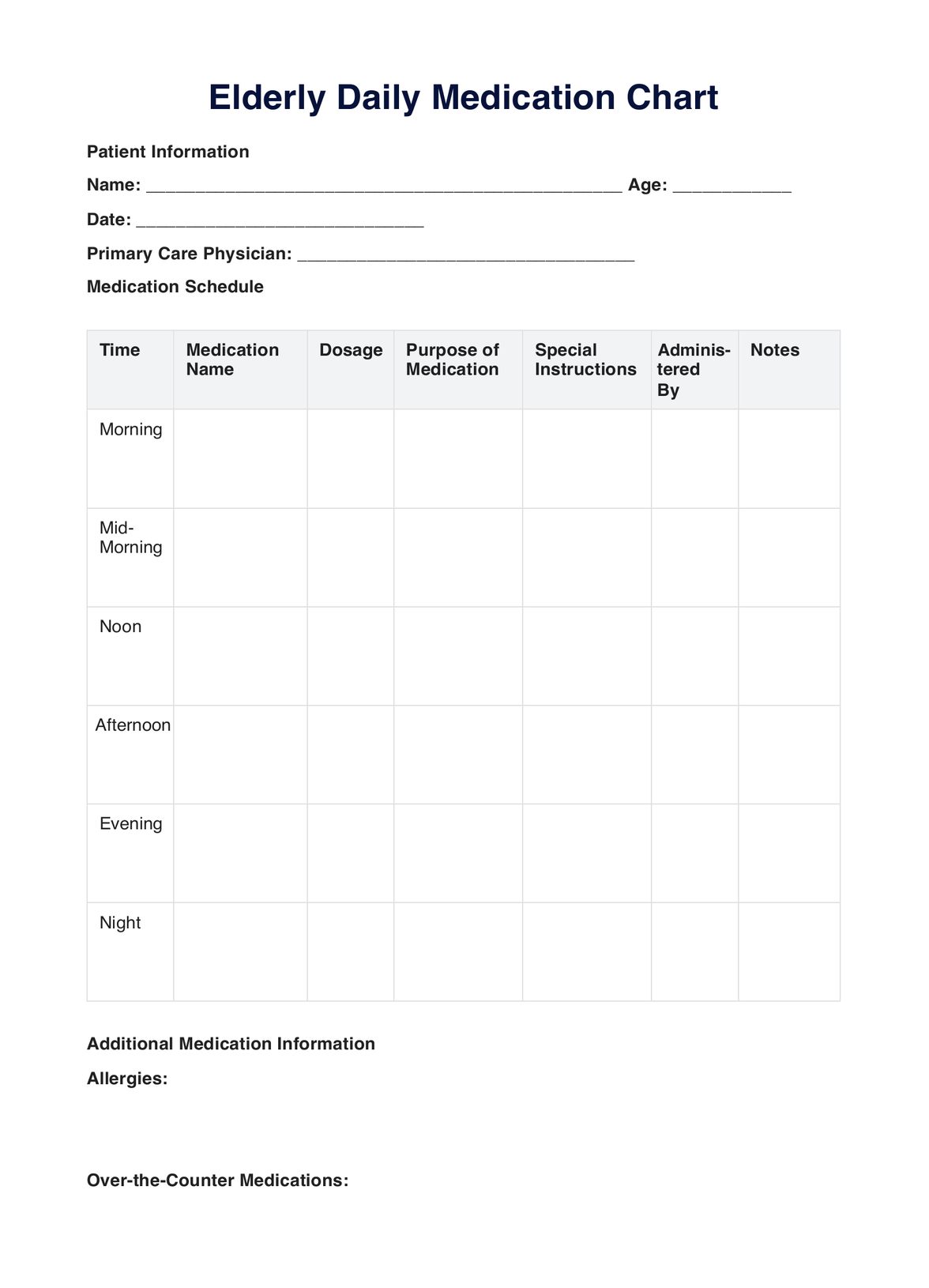 Elderly Daily Medication Chart
