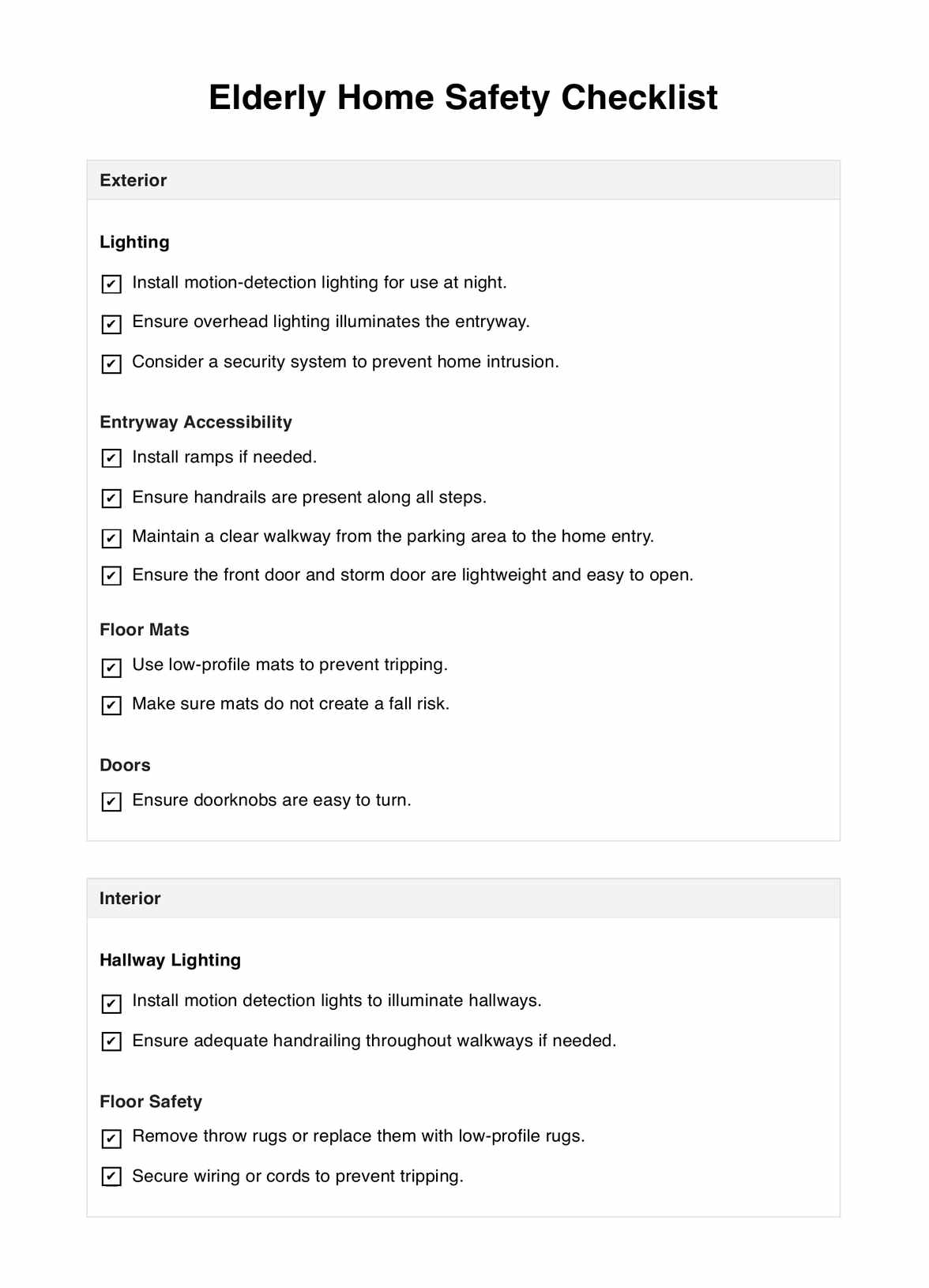 Elderly Home Safety Checklist Template Example Free PDF Download