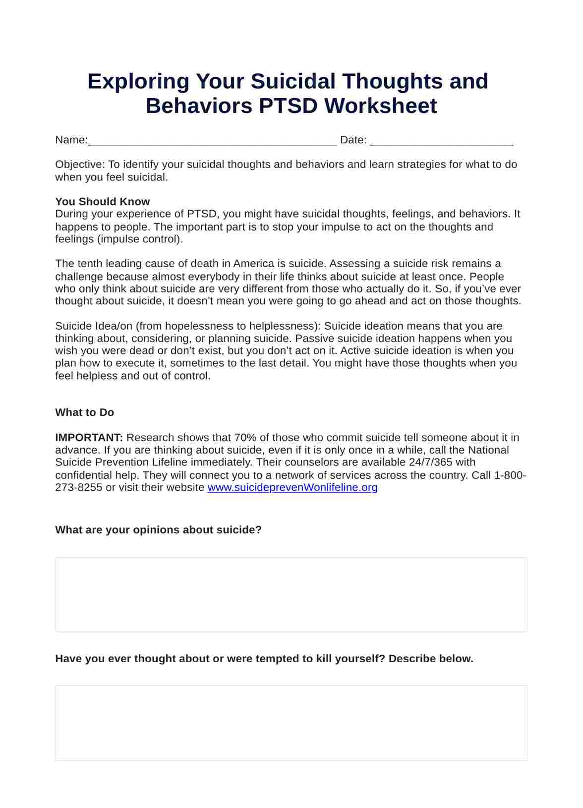 Exploring Your Suicidal Thoughts and Behaviors PTSD Worksheet