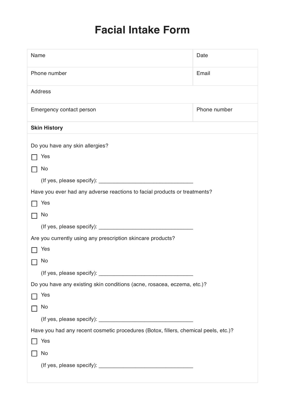 Facial Intake Forms