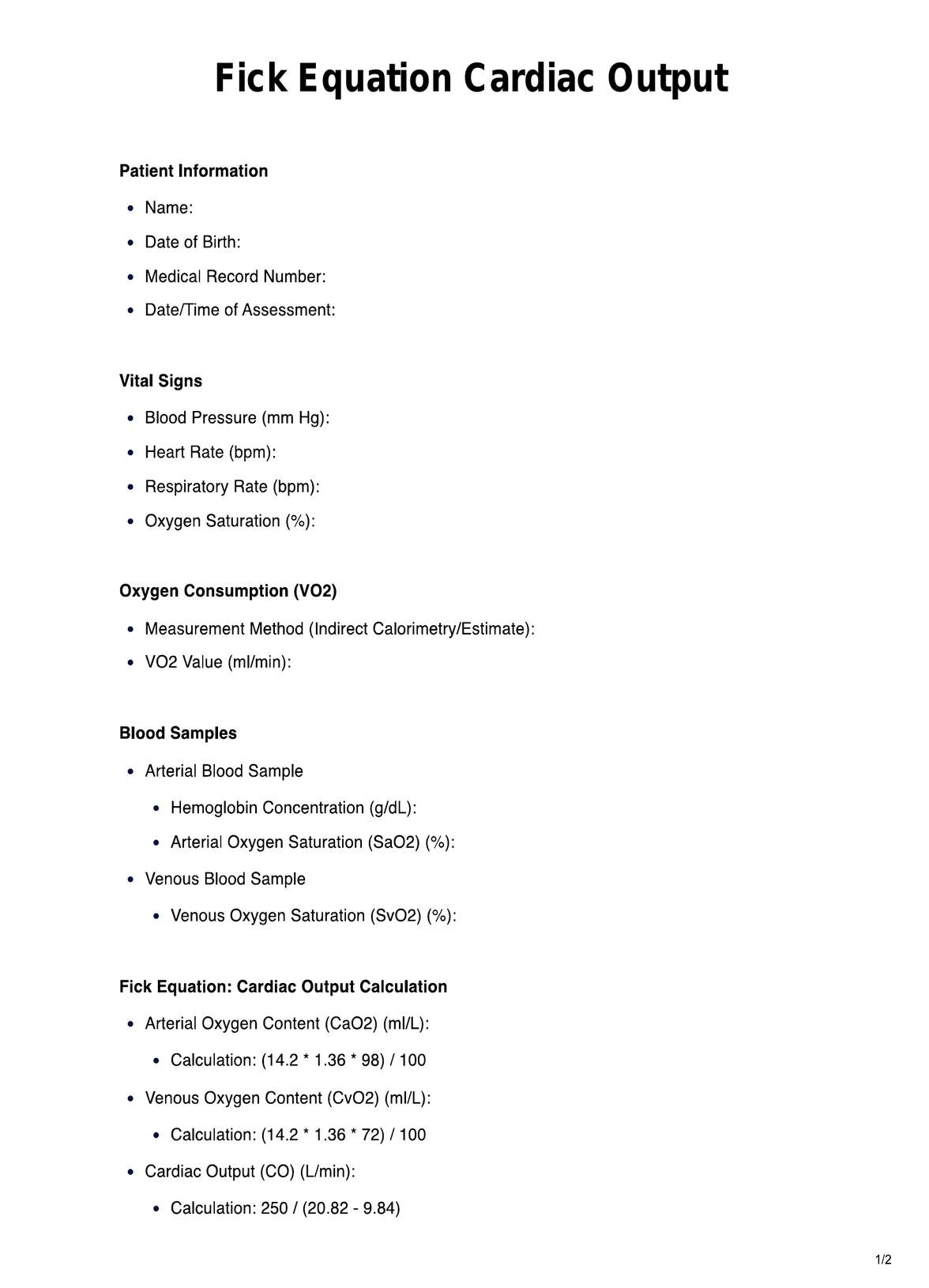 Fick Equation Cardiac Output