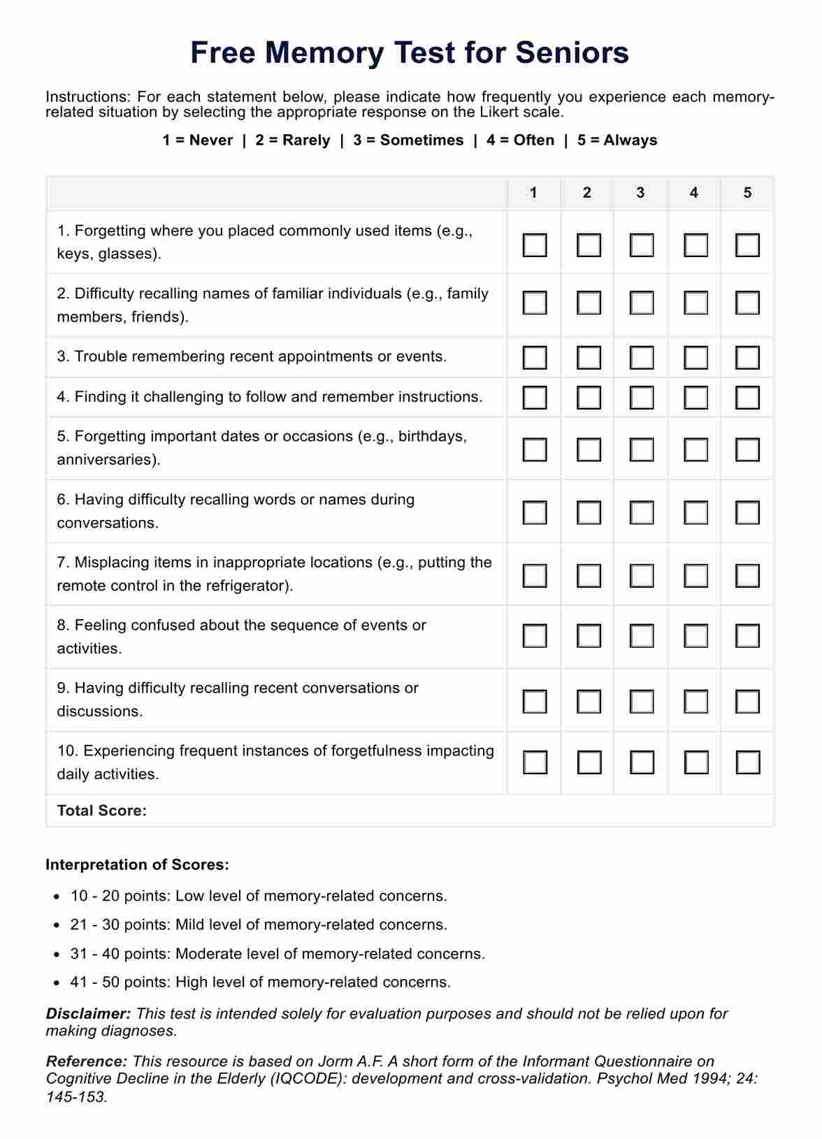 Free Memory Test for Seniors