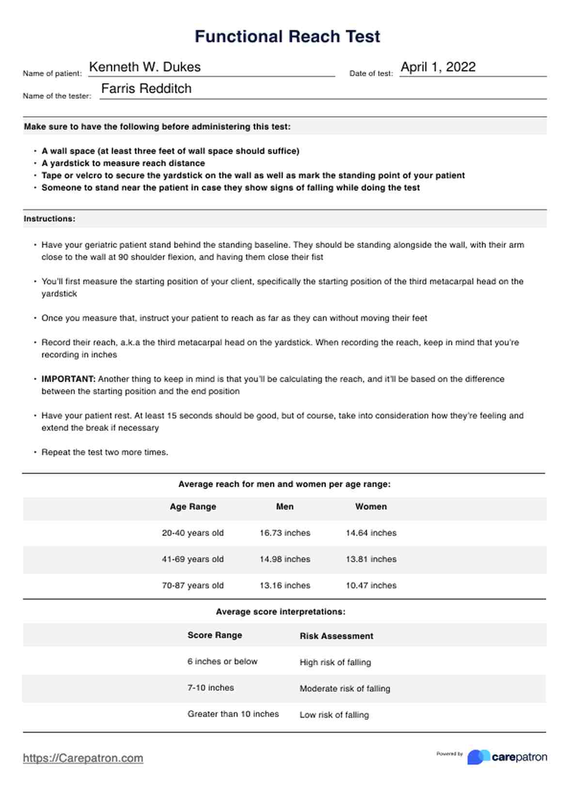 Functional Reach Test & Example Free PDF Download