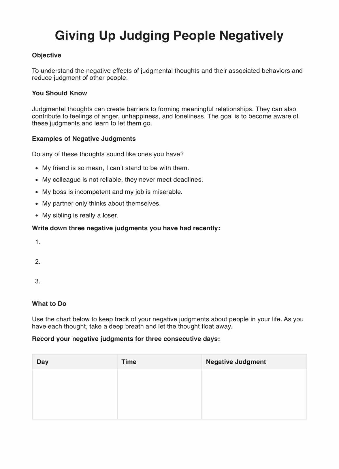 Giving Up Judging People Negatively DBT Worksheet