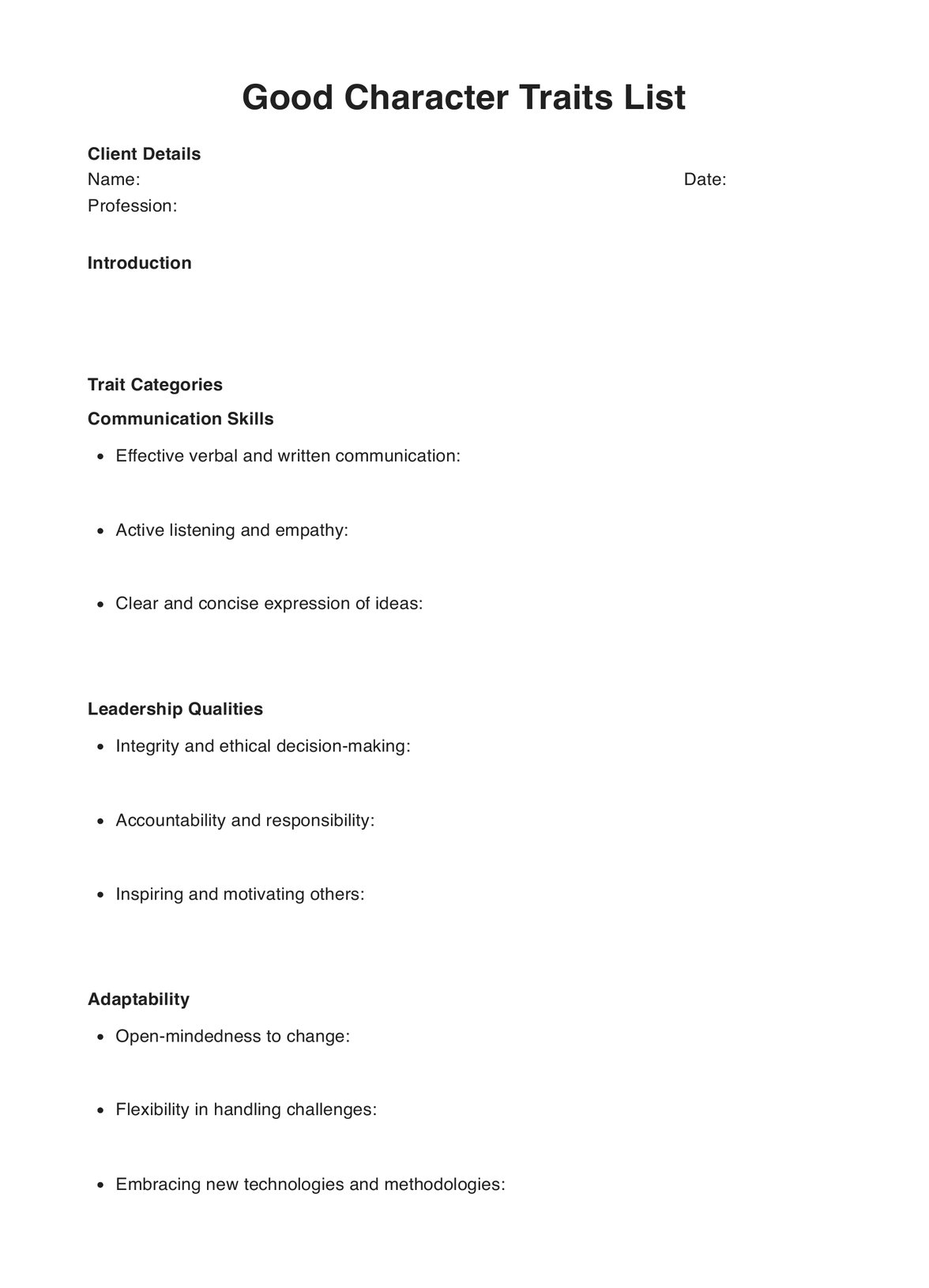 Good Character Traits Lists