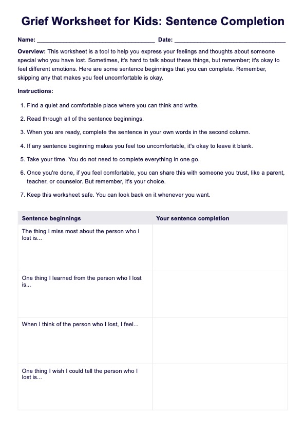 Grief Worksheet for Kids