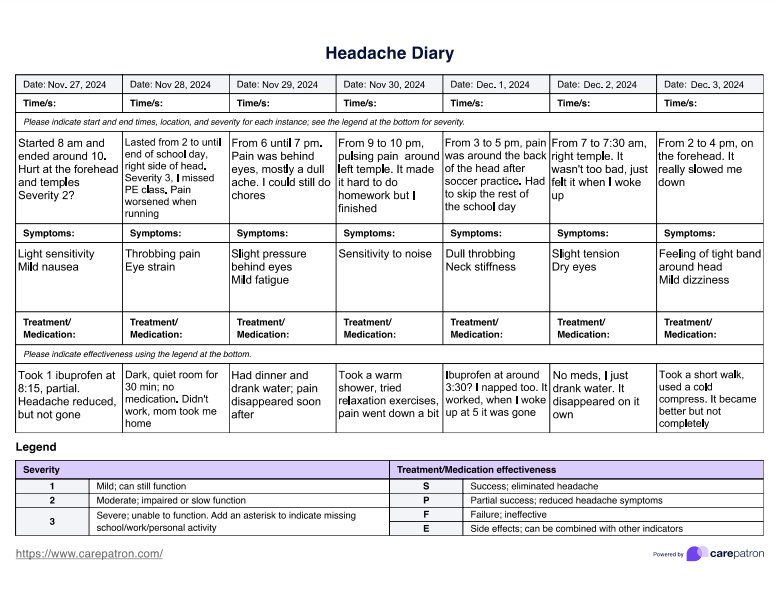 Headache Diary Example Free PDF Download Headache Diary Example Free PDF Download