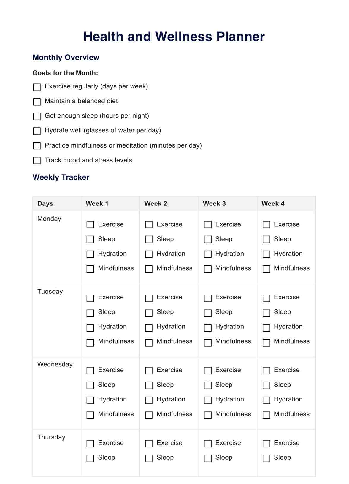 Health And Wellness Planner