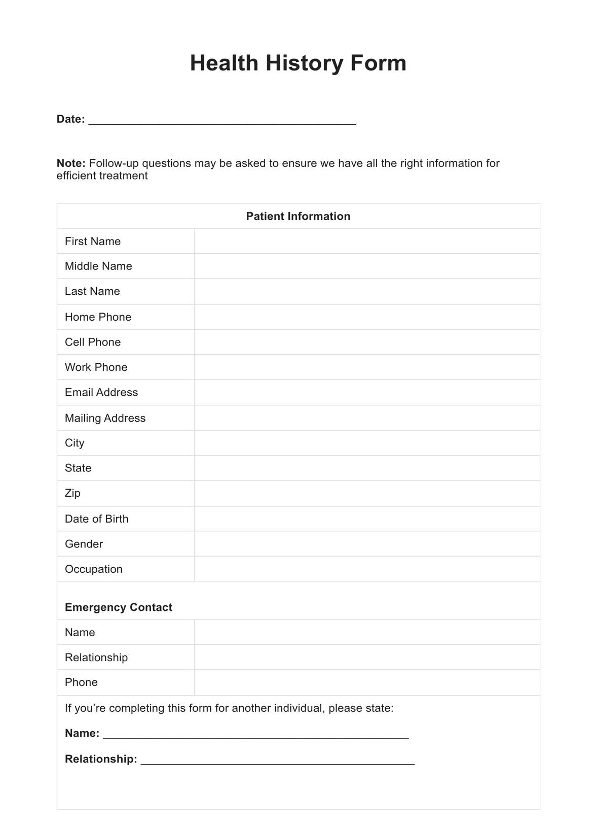 Health History Forms