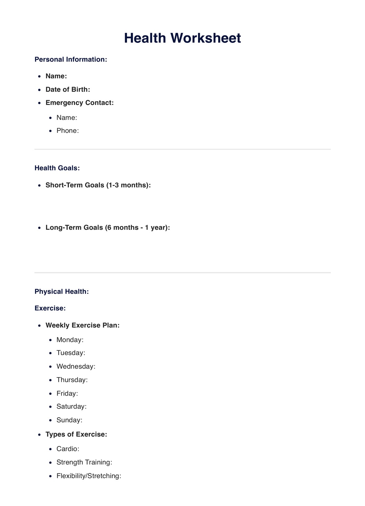 Health Worksheets Template