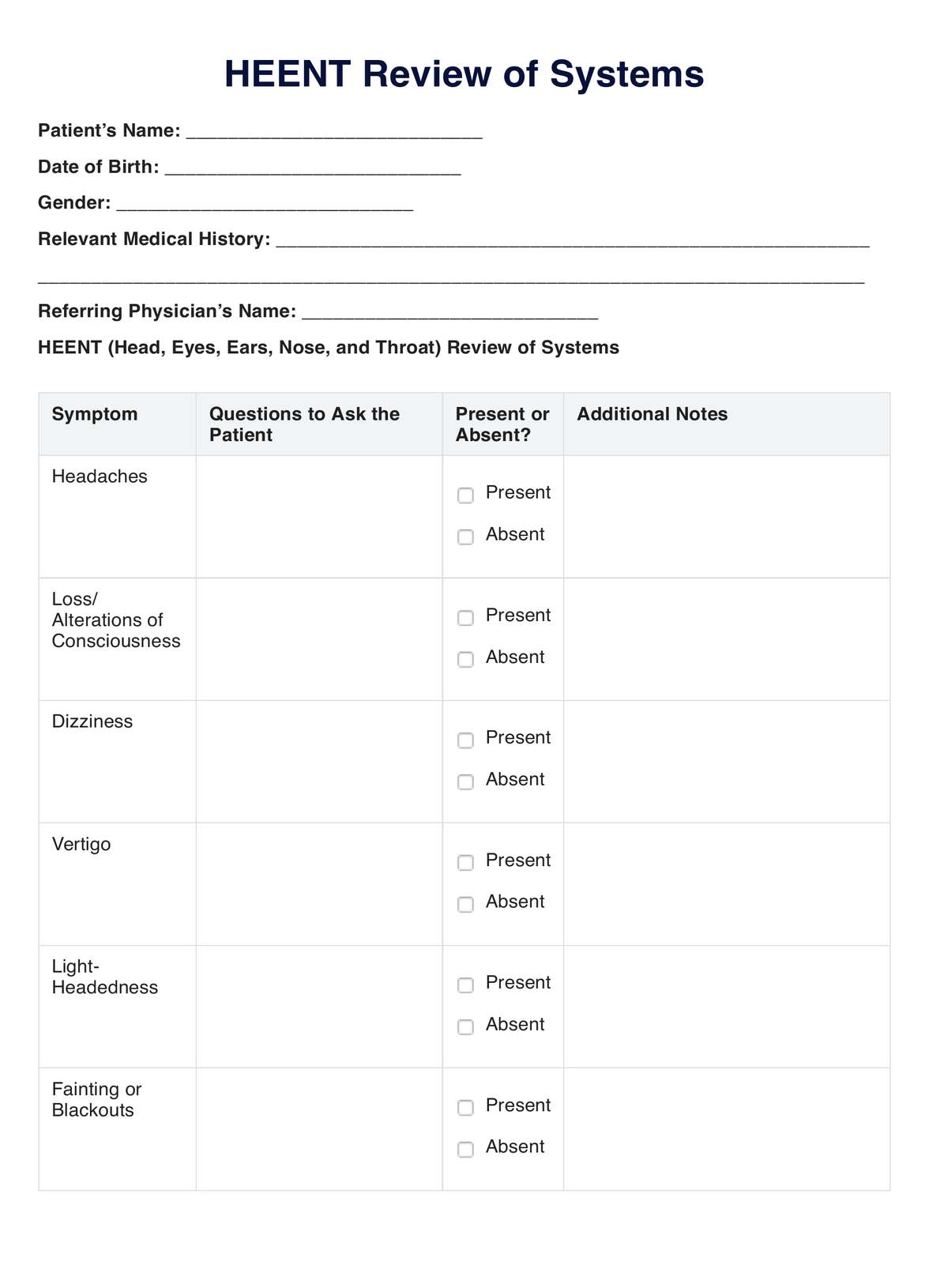 HEENT Review Of Systems Template