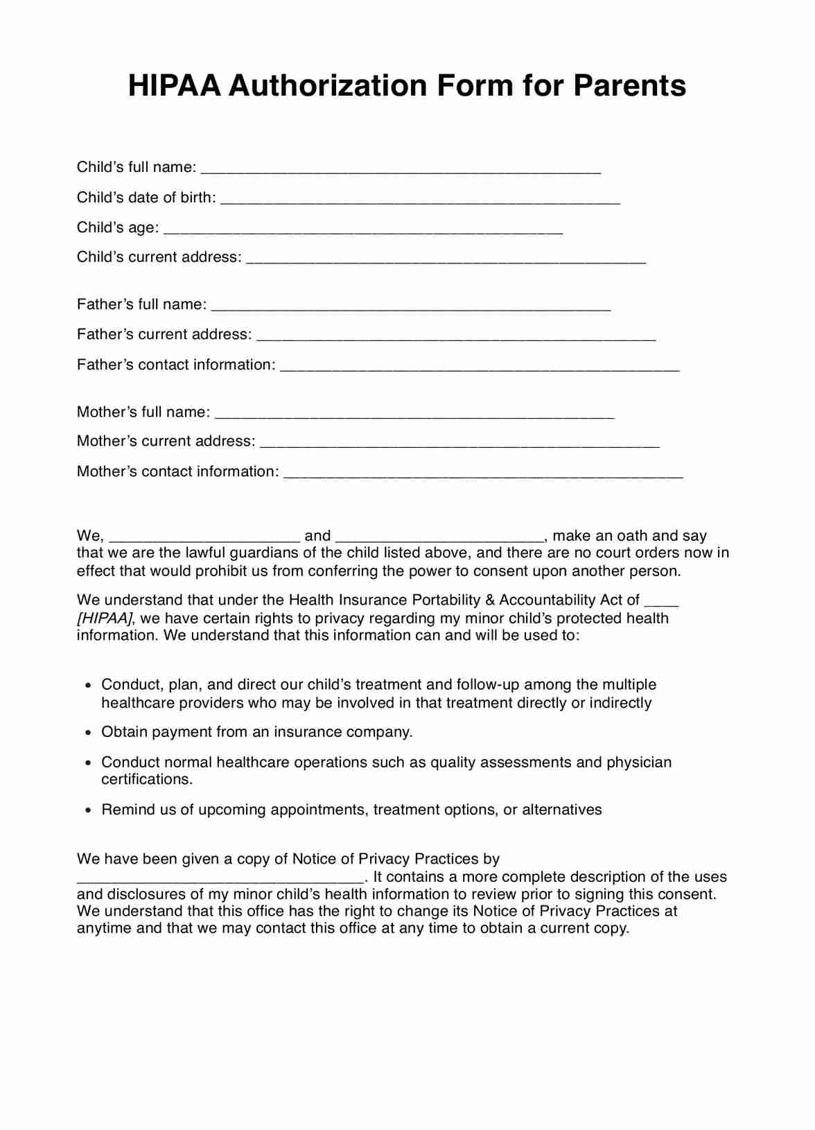 HIPAA Authorization Form for Parents