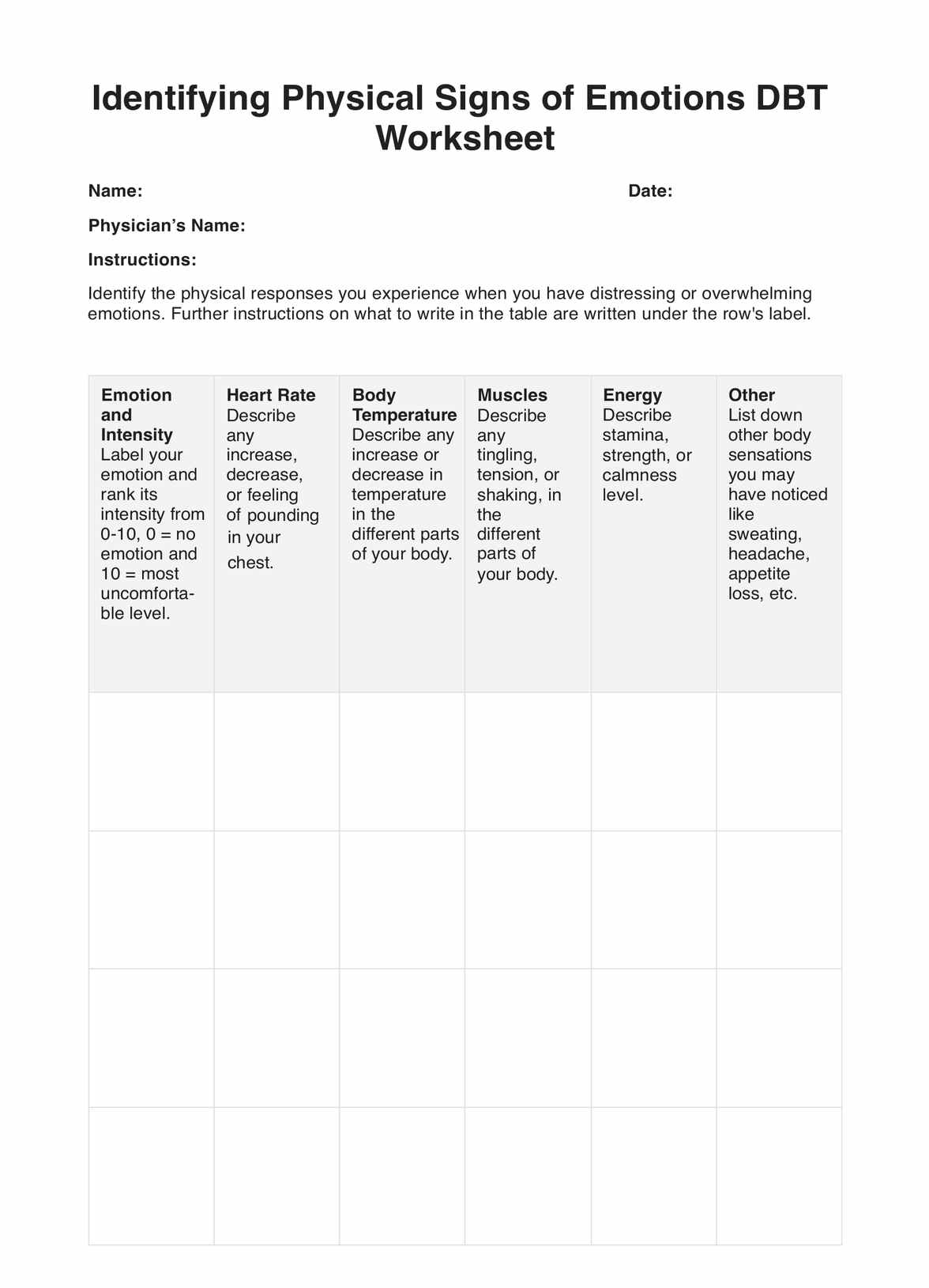 Identifying Physical Signs of Emotions DBT Worksheet