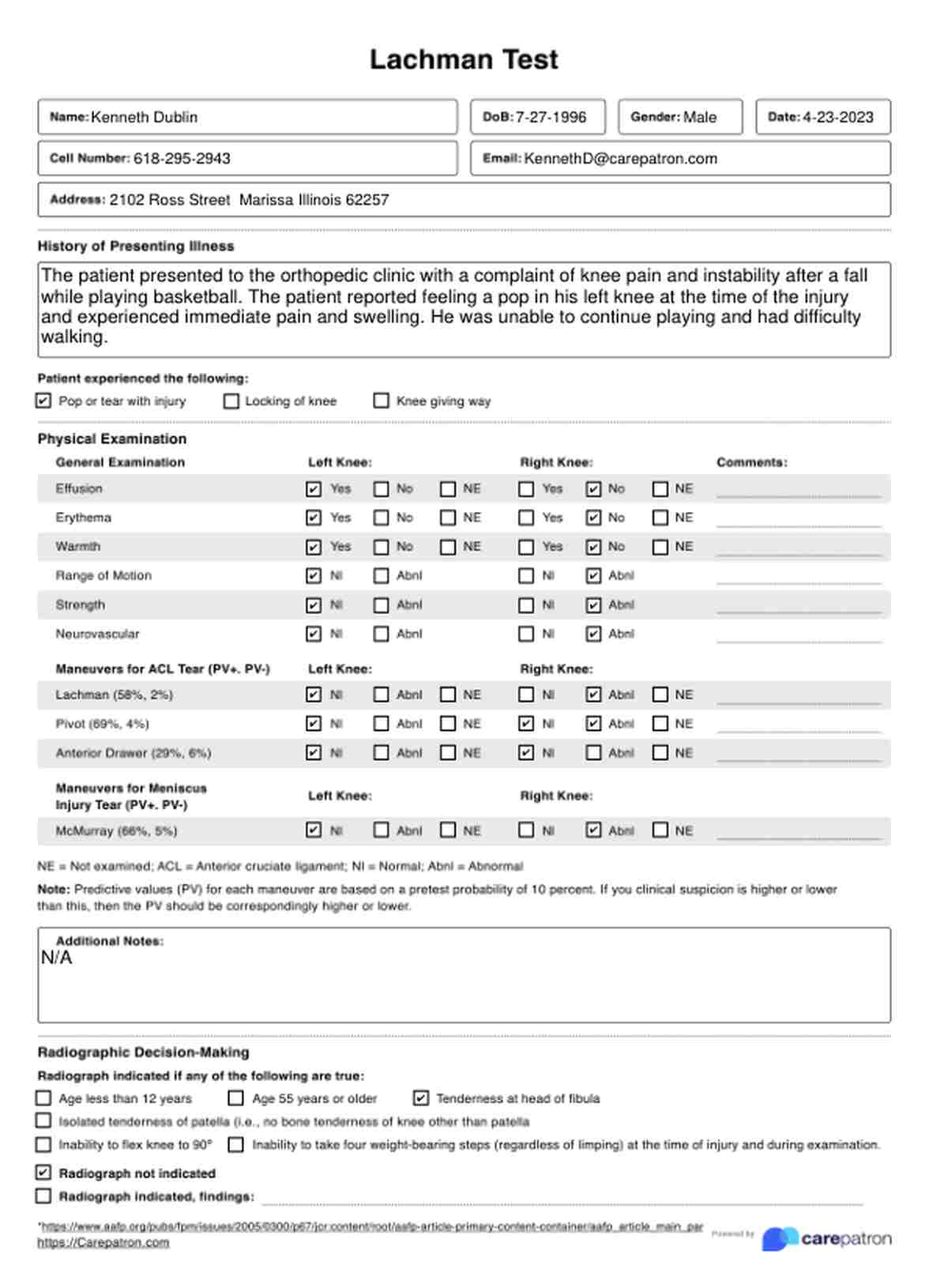 Lachman Test & Example Free PDF Download