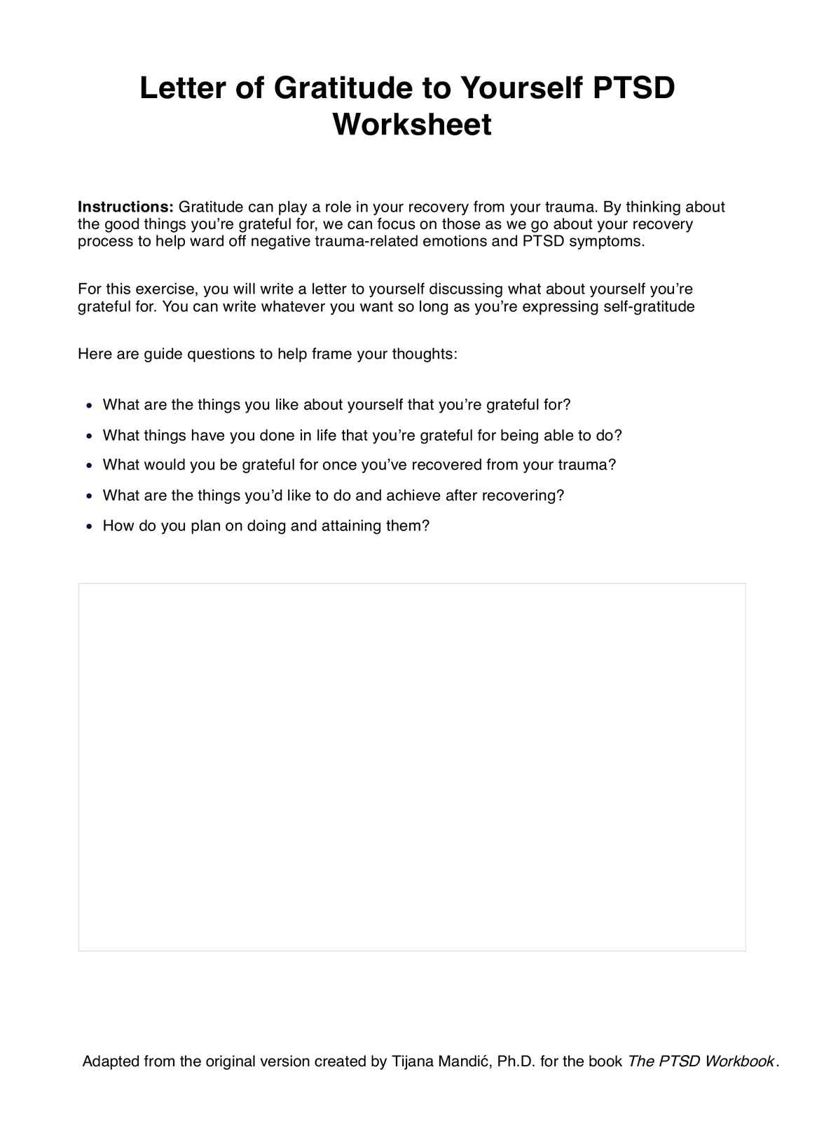 Letter of Gratitude to Yourself PTSD Worksheet