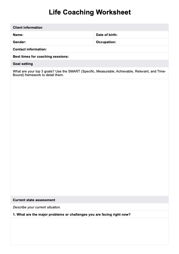 Hoja de ejercicios de coaching de vida Example