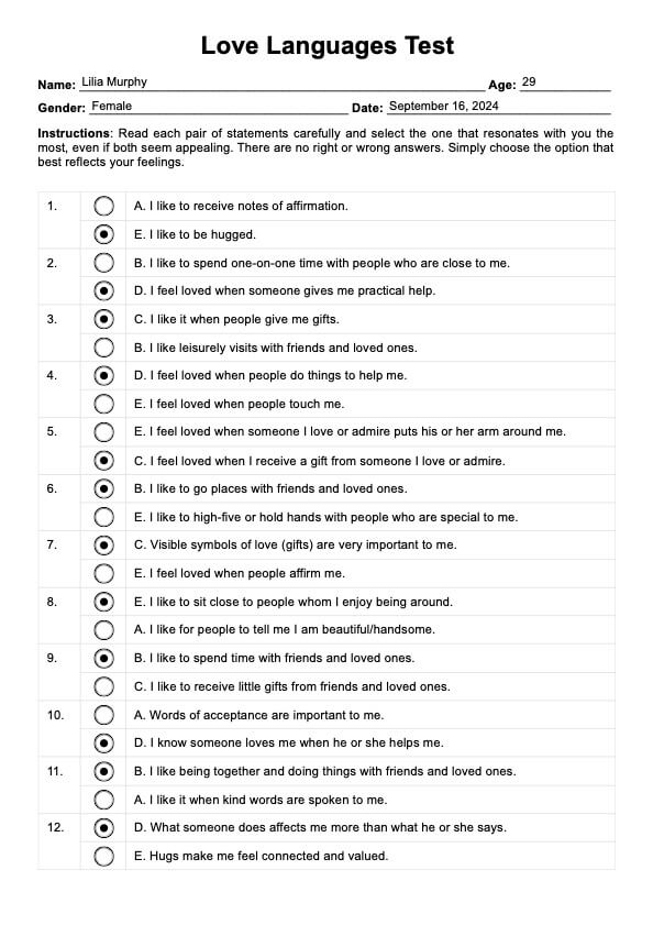 Love Language Test Example Free PDF Download