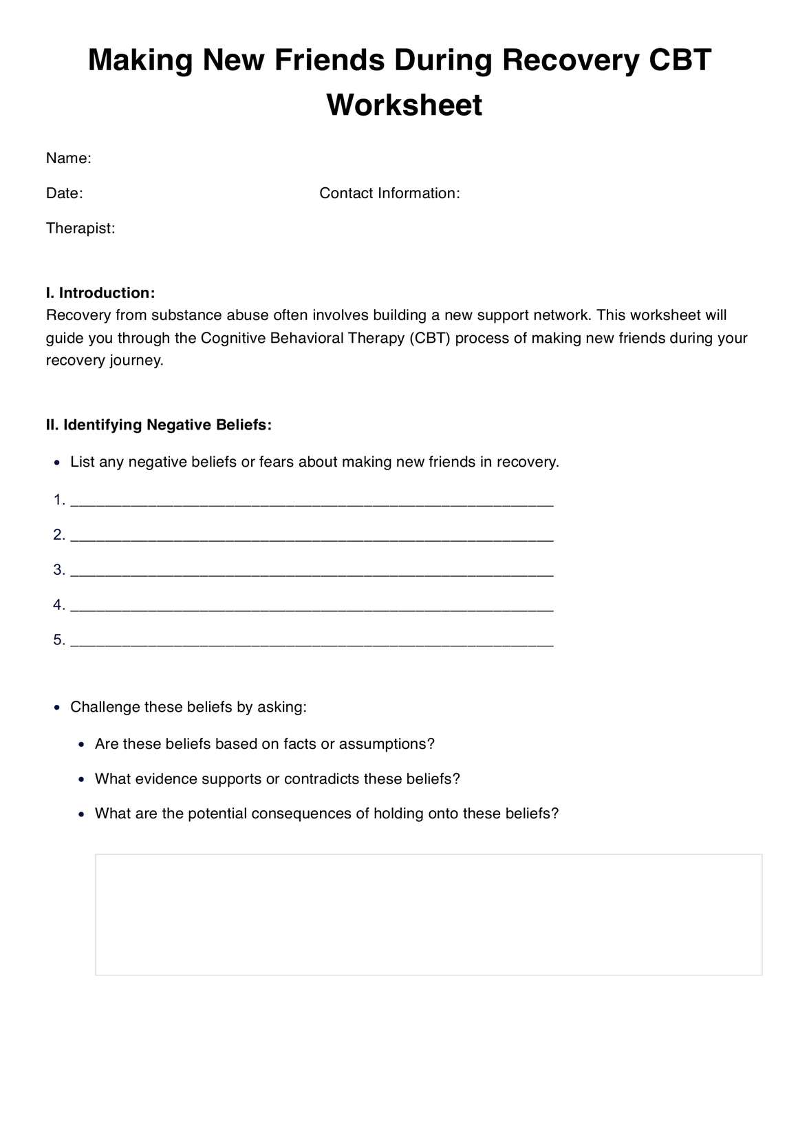 Making New Friends During Recovery CBT Worksheets