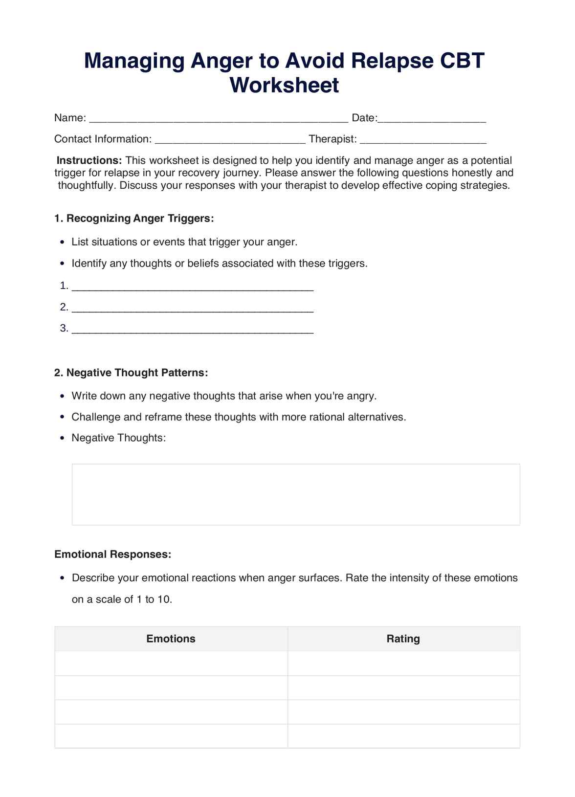 Managing Anger to Avoid Relapse CBT Worksheet