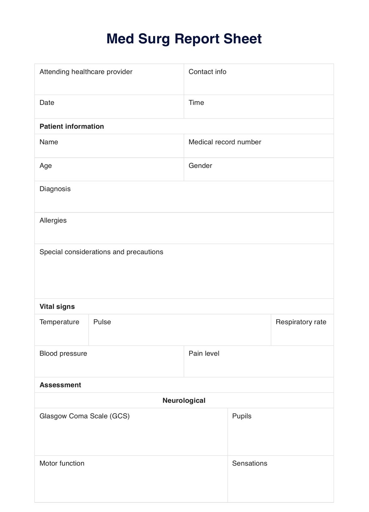 Med Surg Report Sheet