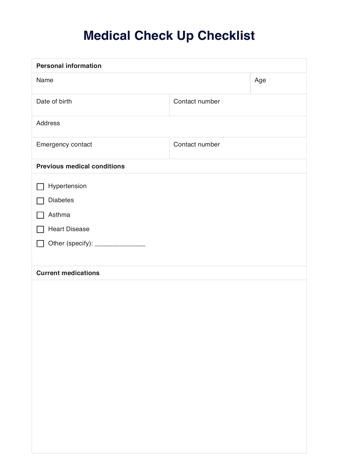 Medical Check Up Checklist