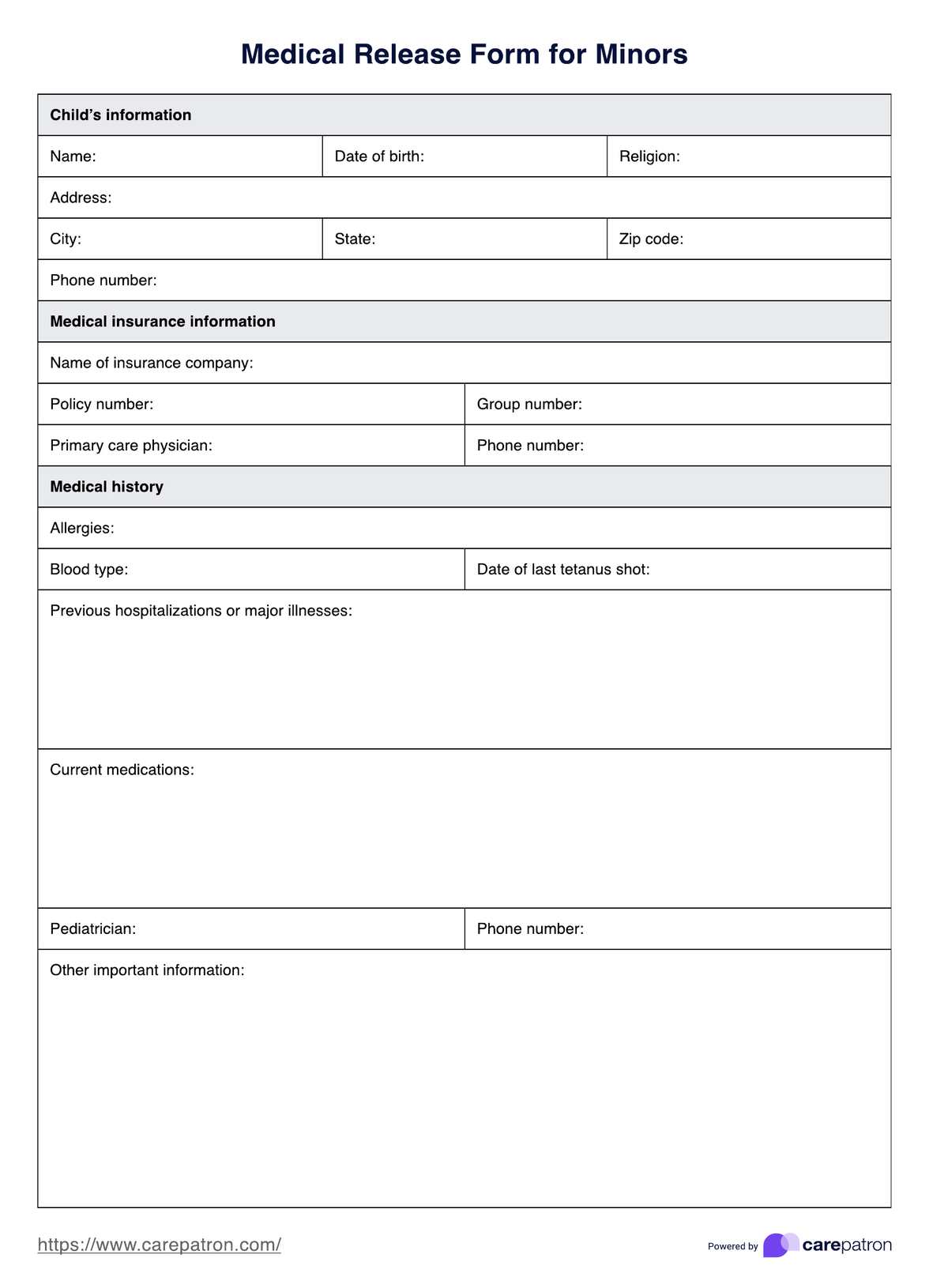 Medical Release Form For Minor