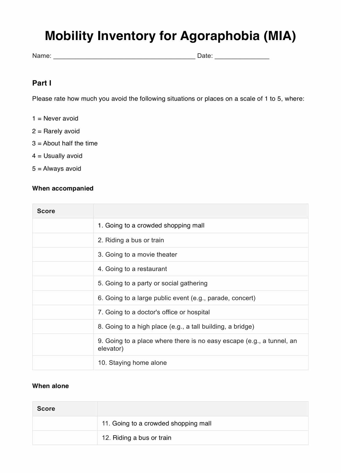 Mobility Inventory for Agoraphobia