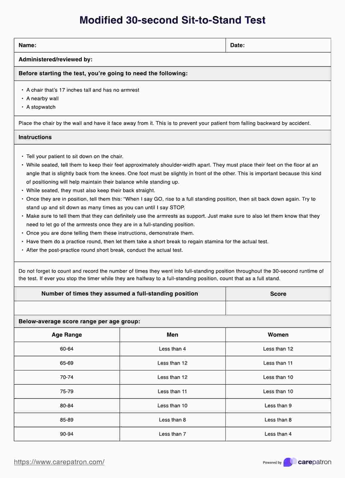 30second Chair Stand Test & Example Free PDF Download
