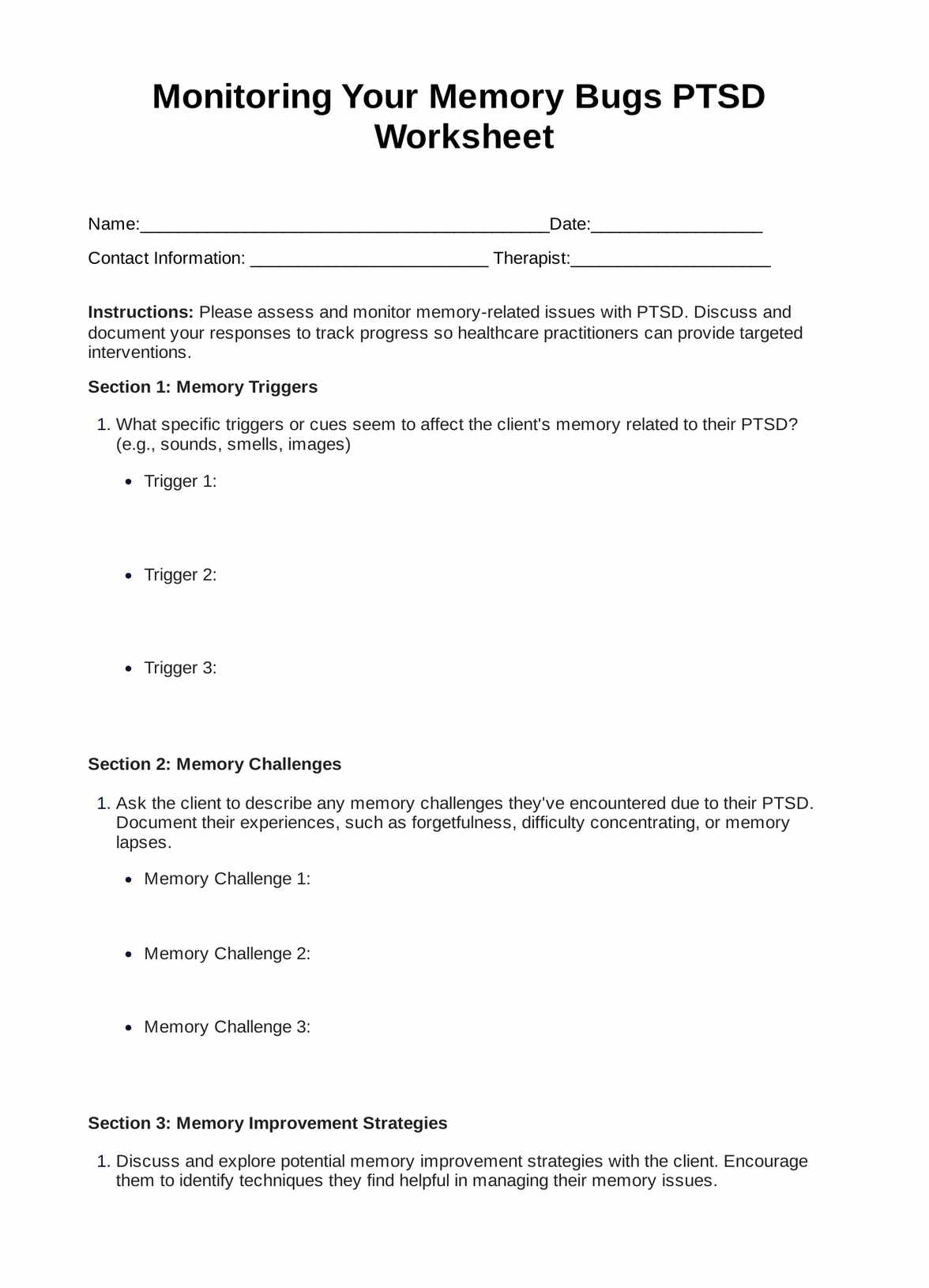 Monitoring Your Memory Bugs PTSD Worksheet