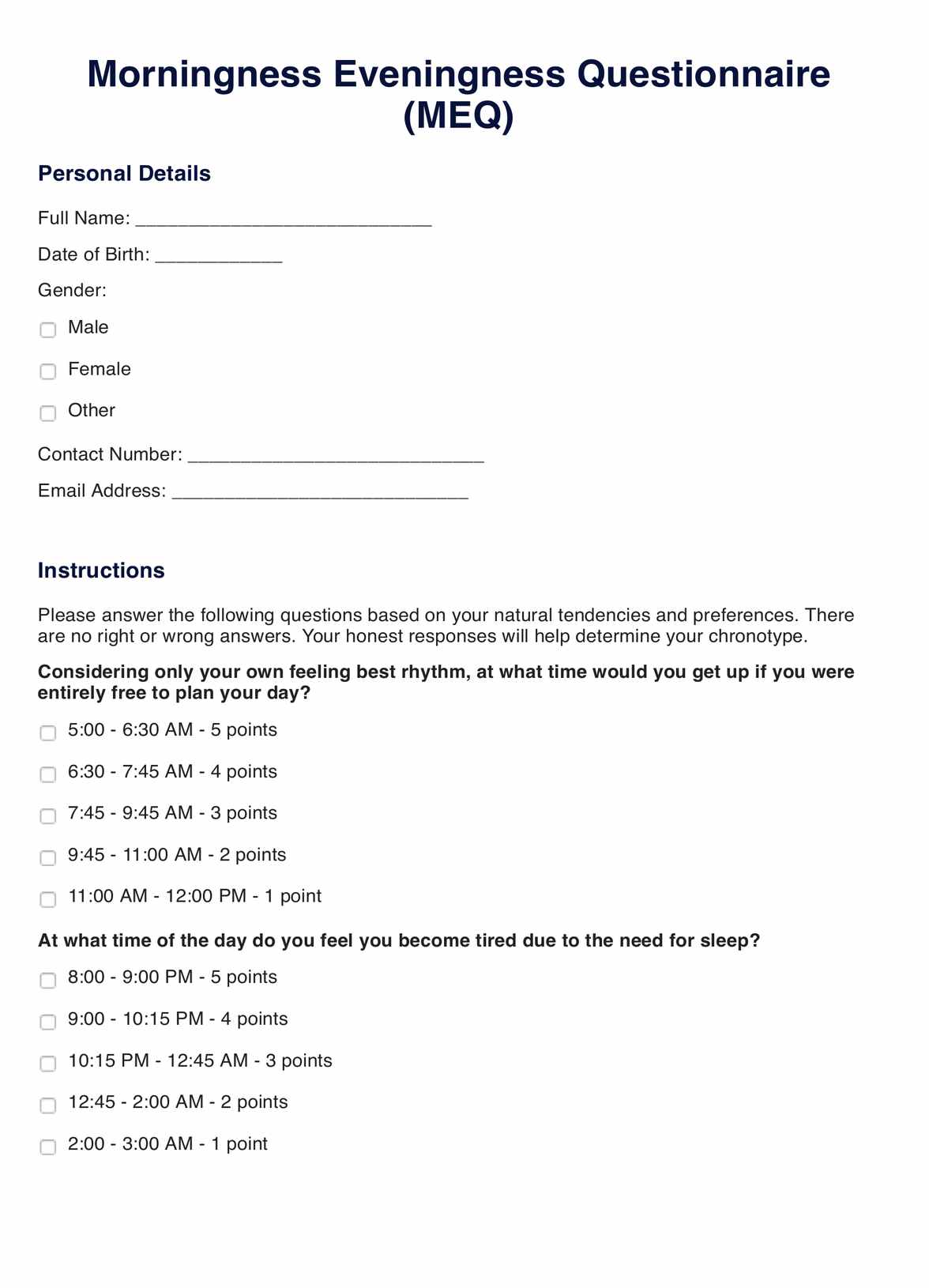Morningness Eveningness Questionnaire Morningness Eveningness Questionnaire