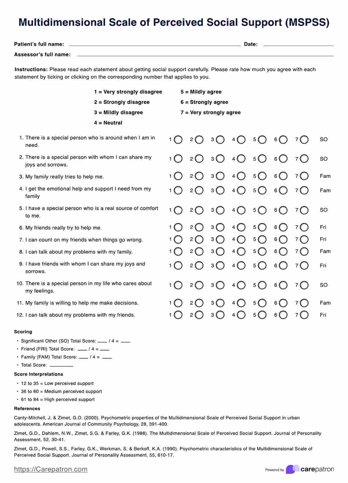 Multidimensional Scale of Perceived Social Support (MSPSS)