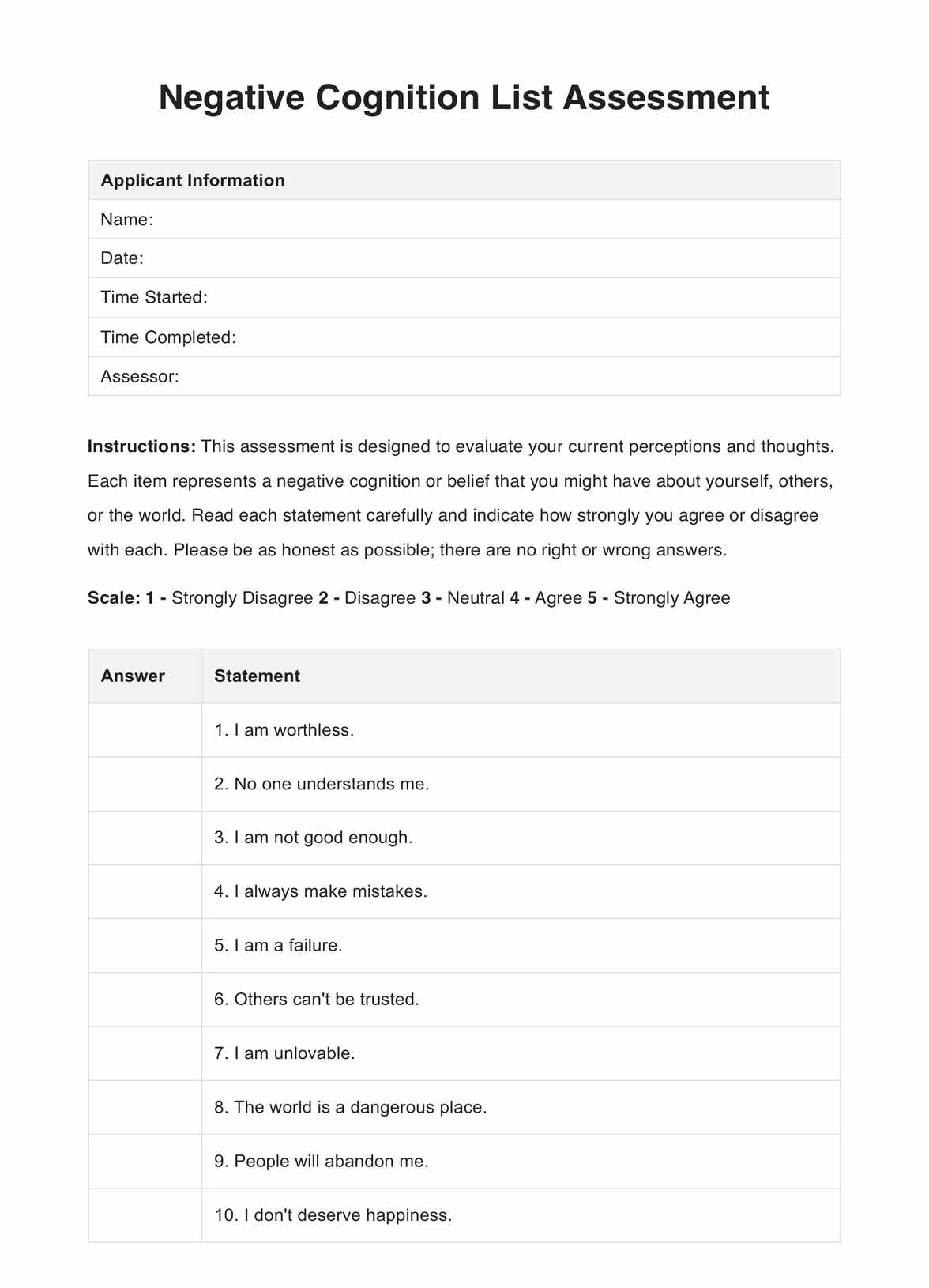 Negative Cognition List