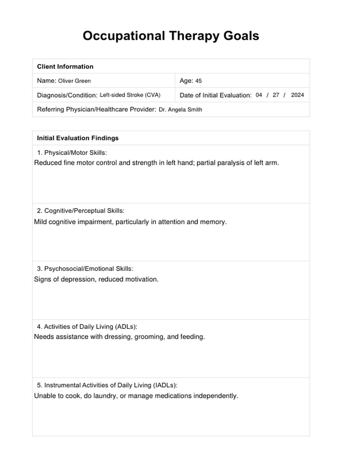 Occupational Therapy Goals Example Free PDF Download Occupational Therapy Goals Example Free PDF Download