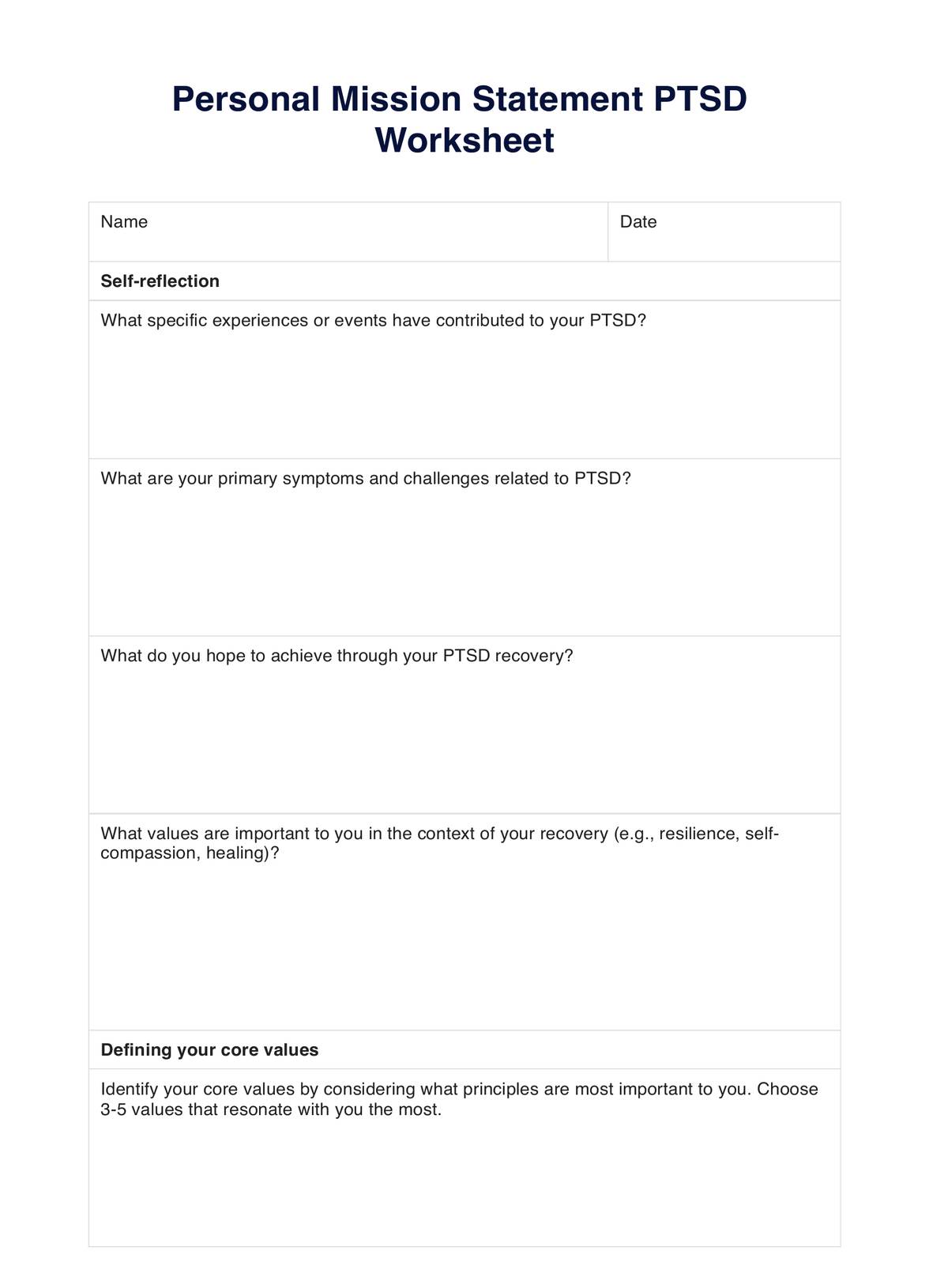 Personal Mission Statement PTSD Worksheets