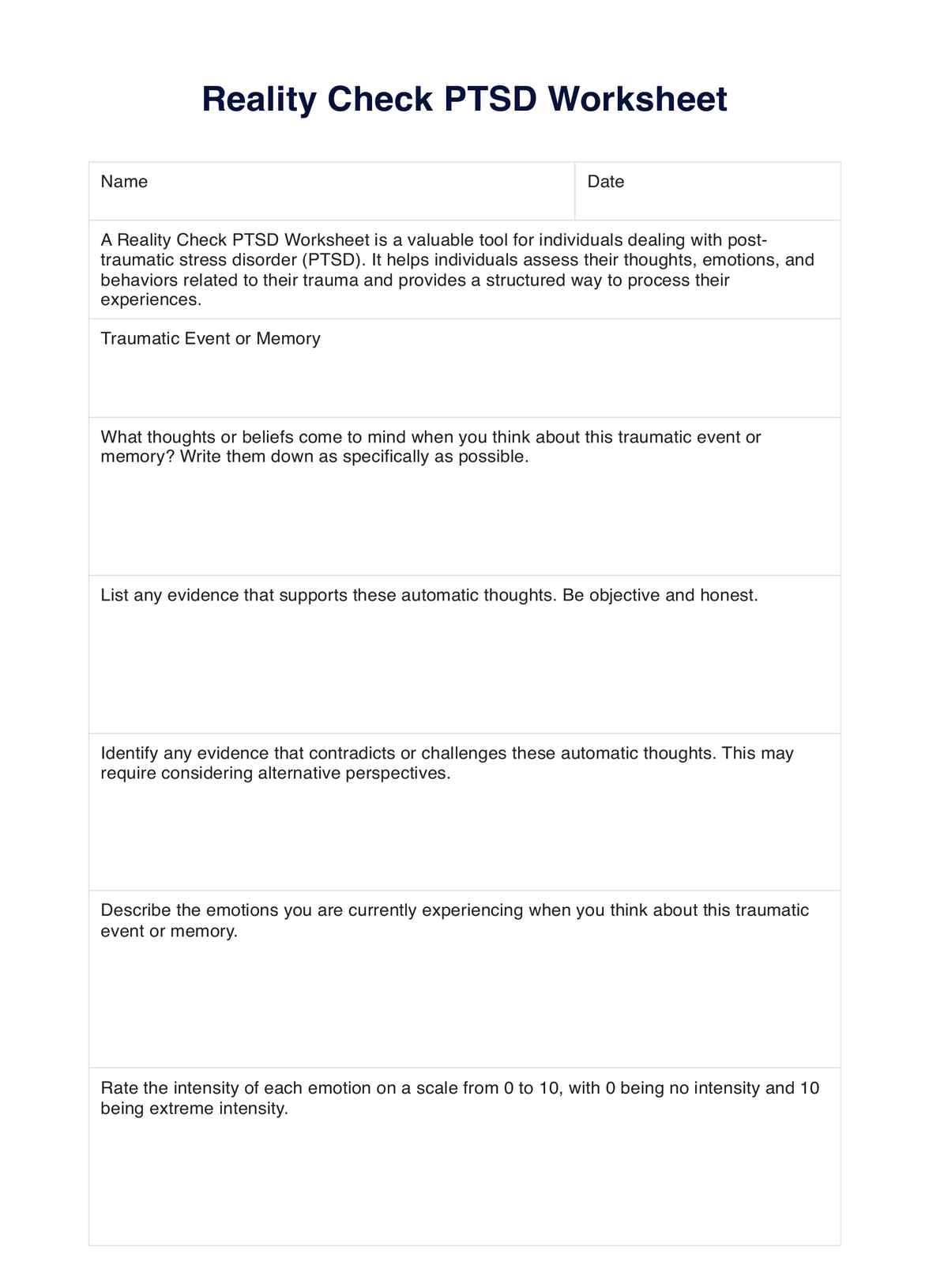 Reality Check PTSD Worksheets Reality Check PTSD Worksheets